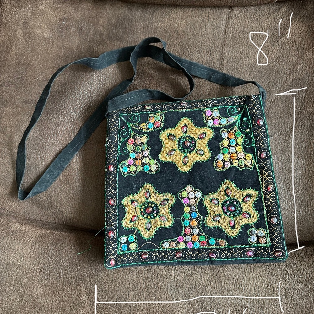 Embroidered Floral Black Shoulder Bag